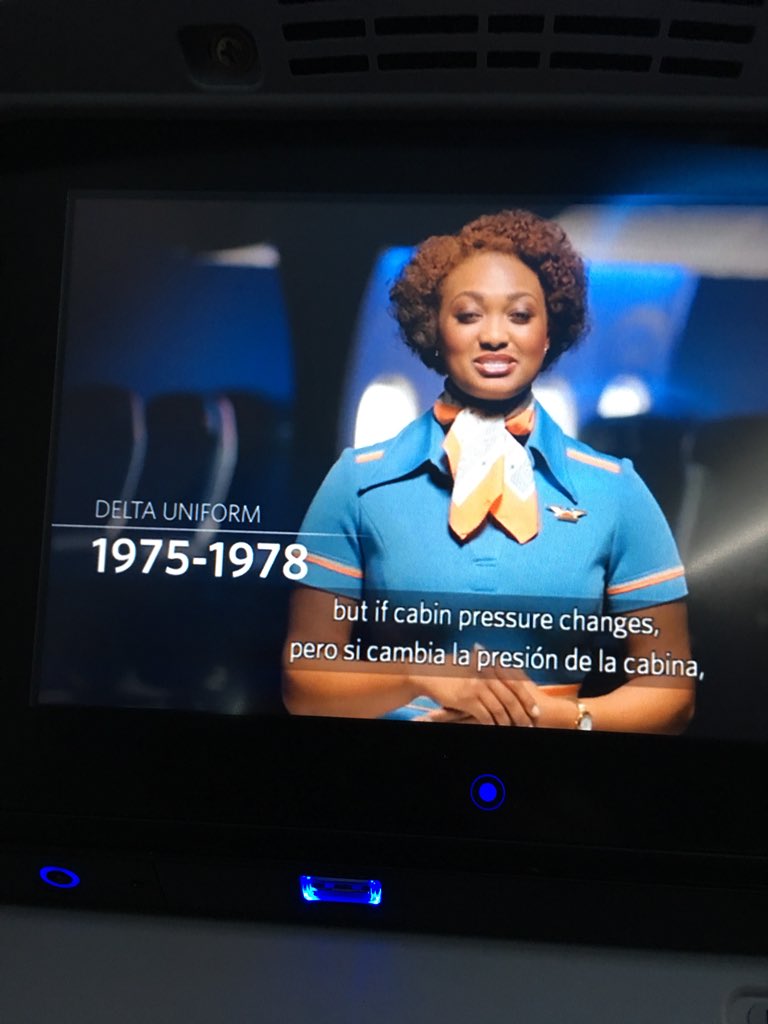 JoyceMSullivan's tweet photo. Nicely done, @Delta ! On my LGA > DEN flight, got a combo Delta uniform fashion history and safety announcement rolled into one! #Edutainment #SafetyFirst #deltareadyfortakeoff https://t.co/DF1wSTkzOb