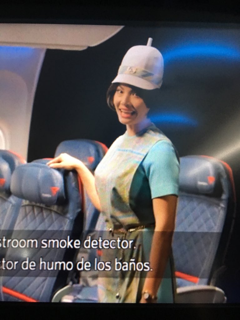 JoyceMSullivan's tweet photo. Nicely done, @Delta ! On my LGA > DEN flight, got a combo Delta uniform fashion history and safety announcement rolled into one! #Edutainment #SafetyFirst #deltareadyfortakeoff https://t.co/DF1wSTkzOb