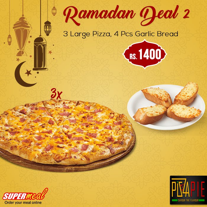 Order 3 Large Pizza and 4 Pcs Garlic Bread. just for Rs. 1400 from #PizzaPie

Order Now: goo.gl/BA3Xb6 or Call 021 111 775 775

For instant help contact our support team via Live Chat:goo.gl/9qzYCj

#SupermealPK #Ramadan #Karachi #Deals #Discounts
