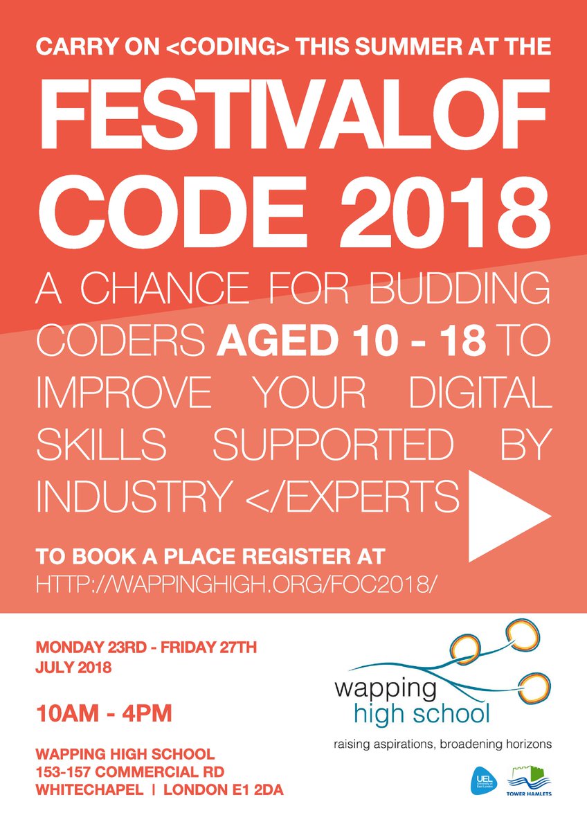 TH_Enterprise's tweet photo. Calling all parents from #TowerHamlets? Do you have childrens aged between 10 – 18 that want to learn #Coding? #Register them now for #FestivalOfCode2018 https://t.co/pbOmU5GPlA  Monday 23rd July 2018 at @WappingHigh #CodeClubs #DigitalLearning #THEnterprise #FoC2018 https://t.co/Ddfo8IyjXI