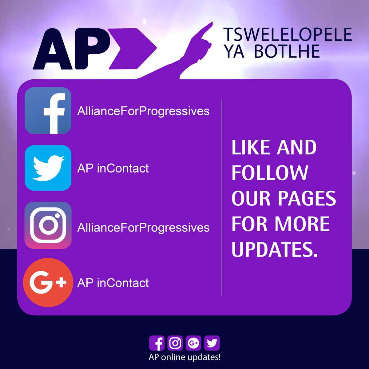 AP_inContact's tweet photo. KEEP IN TOUCH ! ! ! or call: 73292885 / 74310040. 
#tswelelopele #ProgressiveBotswana https://t.co/y4nUAFPJfp