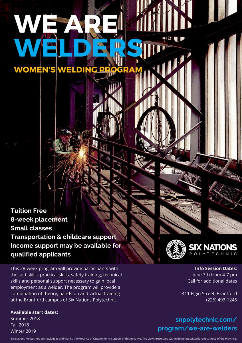 snpolytechnic's tweet photo. Come weld with us! Find out how you can become a woman welder at our info session this Thursday, June 7, from 4 -7 pm. Visit https://t.co/dlOhiVuCJp to learn more #brantford #sixnations #welding #snptrades https://t.co/d2HheBjFw7