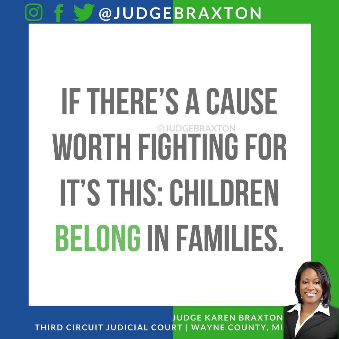 JudgeBraxton's tweet photo. “If there’s a cause worth fighting for it’s this: children belong in families.”
~Team JKB

#Braxton2018 #JudgeBraxton #JudgeKarenBraxton #BeyondTheBench #WayneCountyCourthouse #Adoption #FosterCare #Families #Children https://t.co/7xN8Il87Jl