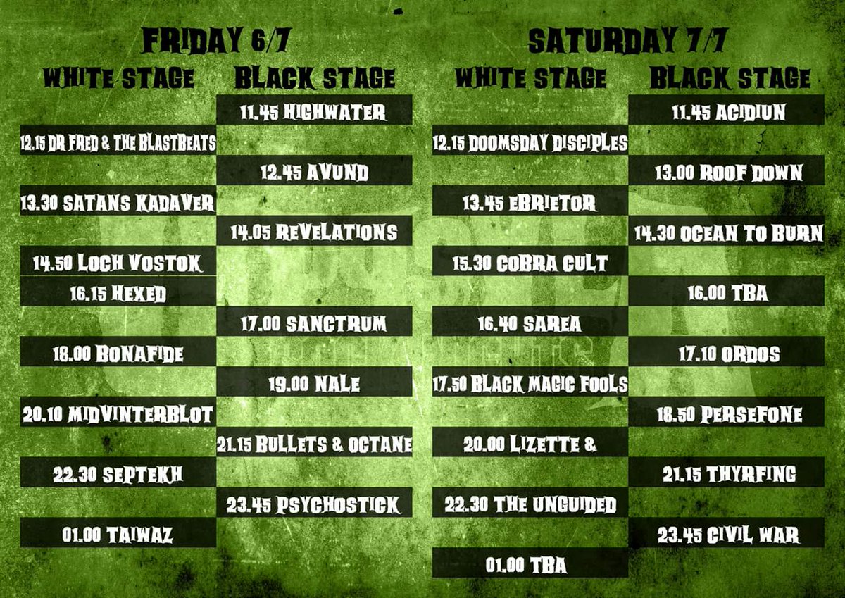Uppdaterad spelschema.
#urn2018 #urn #uppsalarocknights #psychostick #civilwar #theunguided #persefone #thyrfing #lizetteand #sarea #bonafideband #nale #bulletsandoctane #lochvostok #sanctrum #revelations #blackmagicfools #ordos #septekh #midvinterblot #avund #hexed #taiwaz