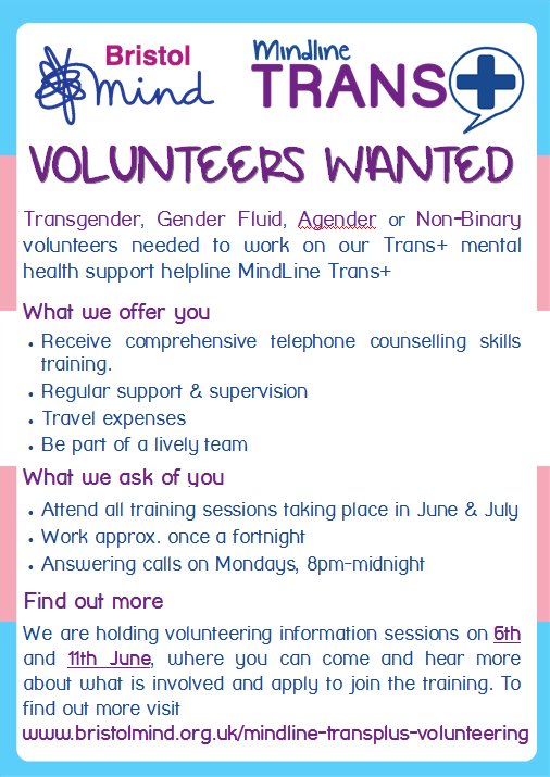 MindlineTrans's tweet photo. We are now recruiting new volunteers for MindLine Trans+
If you are interested in finding our more or attending one of our volunteering information sessions on 6th or 11th June. Please visit https://t.co/rGFxRfkS8T or email volunteering@bristolmind.org.uk https://t.co/CbHwXyaWCY
