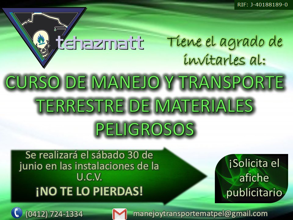 Tehazmatt's tweet photo. @Tehazmatt te invita a participar en el curso de Manejo y Transporte Terrestre de Materiales Peligrosos  donde contaremos con ponencias de alta calidad con profesionales en el área 
Escríbenos al 0412-7241334 o a manejoytransportematpel@gmail.com para más información #Tehazmatt https://t.co/eItsBZ8QSD