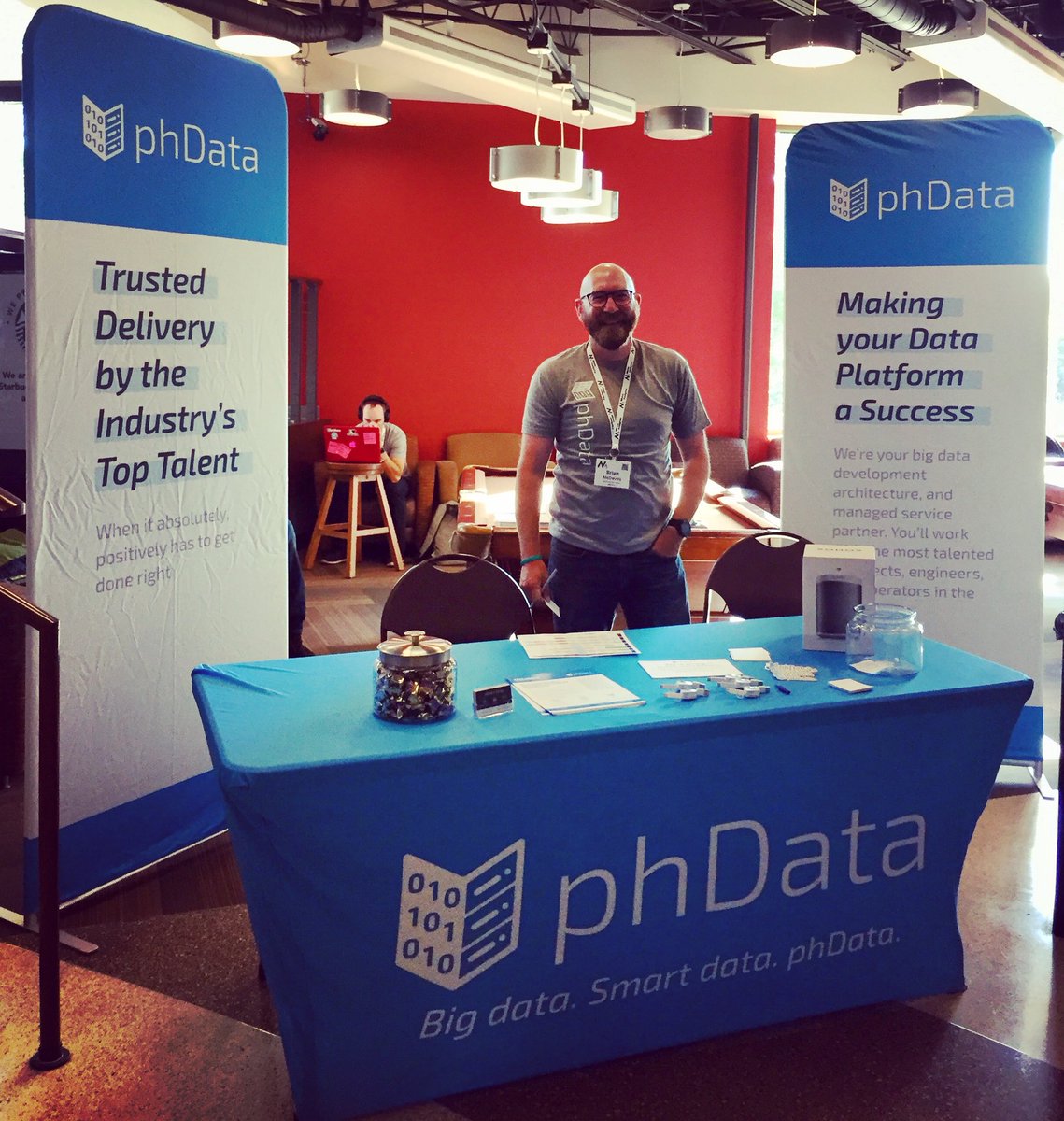 phdatainc's tweet image. Brian setting up our table for #BigDataTech and Donald on a client call before we get started.  We are also raffling a Sonos speaker!  Come visit and talk with us. #minneanalytics #phdata #bigdata #wearehiring