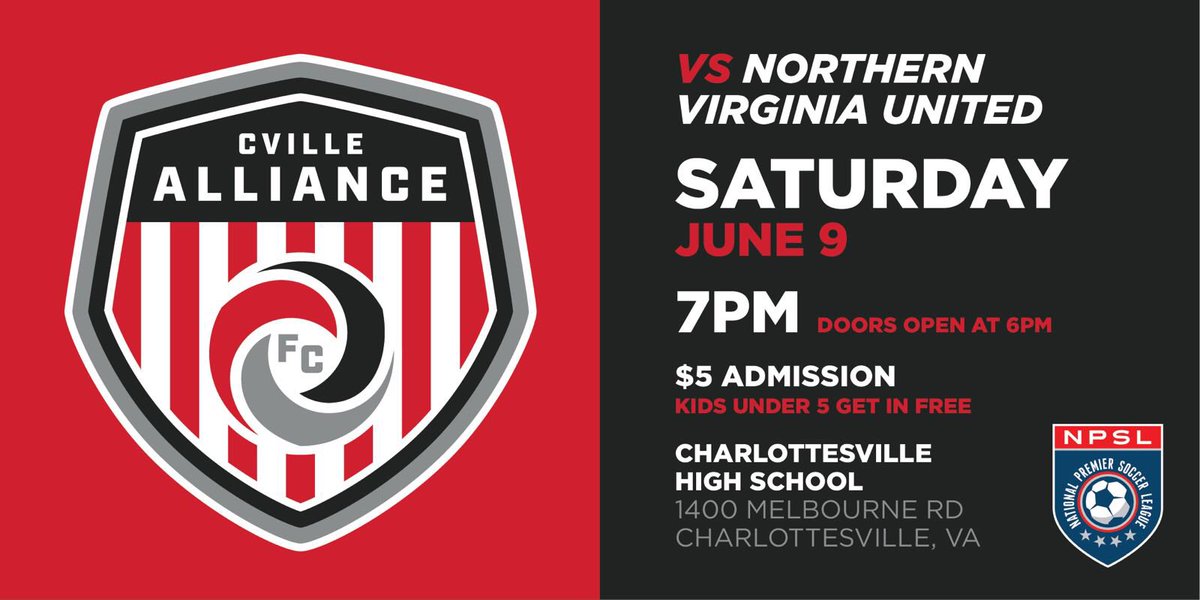 Cville_Alliance's tweet photo. OUR NEXT HOME MATCH: Grab your tickets!
https://t.co/RBrVQZC6E9
#CafcvNvufc #cafc #nvufc @nvufc @Cville_Alliance #cville #UNITEDBYSOCCER https://t.co/zL58Galv5t