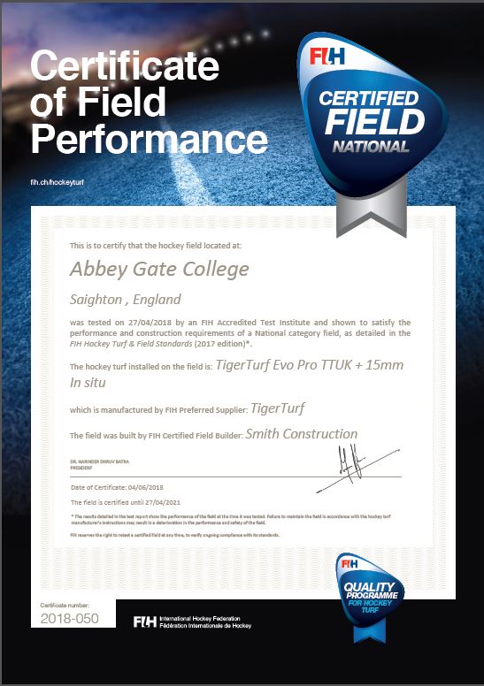 SmithSportsCivi's tweet photo. Smith Construction are proud to construct our sports facilities to exceptional standards. FIH certificate just received for the new pitch at @AbbeyGateColl.  In the words of the FIH, "When you employ the best, you get the best" @FIHQP #teamsmith #theverybestofbritish #hockeypitch https://t.co/cCxDUwPd74