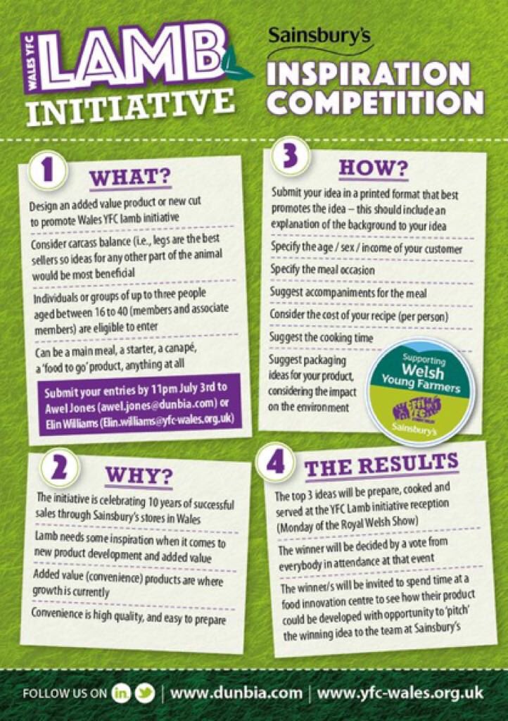 Calling all Budding Welsh Entrepreneurs age 16-40! Do you have what it’s takes to design an added value Lamb Product? Why not check out our competition details below <a href="/AberUni/">Aberystwyth University</a> <a href="/Nptc/">Nice People Theatre</a>  @LlyndyIsaf @colegceredigion <a href="/CFfICymru/">CFfI Cymru</a> <a href="/WalesYFC/">Wales YFC</a> <a href="/Chair_WalesYFC/">Wales YFC Chair</a>  <a href="/dawnmeatsgroup/">Dawn Meats</a> <a href="/JSainsbury/">J Sainsbury plc</a>