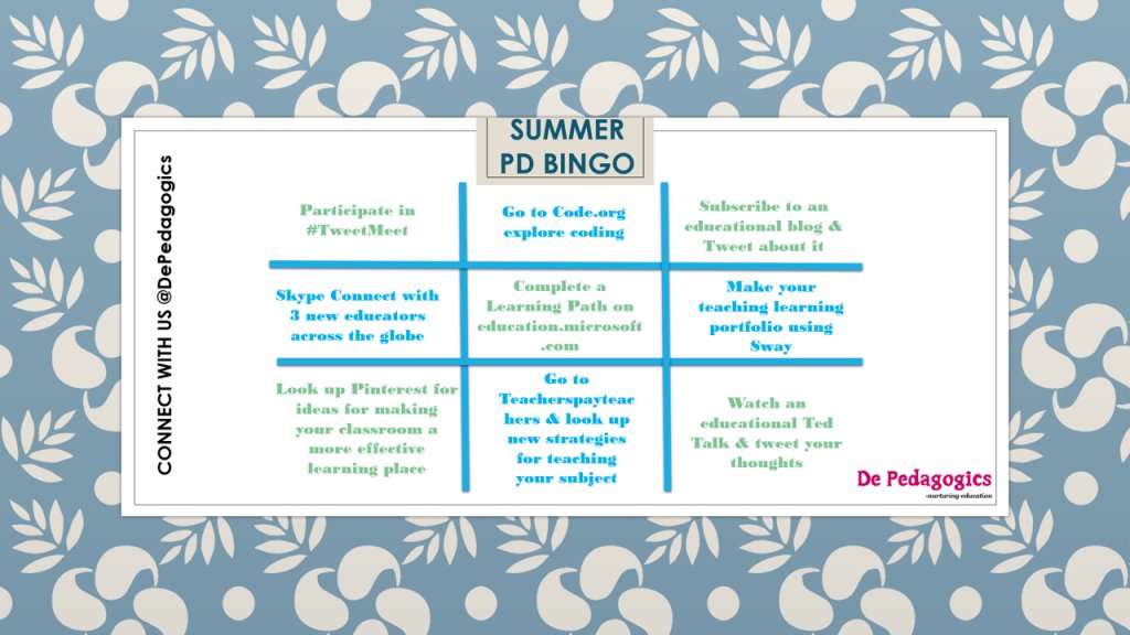 Join the SUMMER PD BINGO CHALLENGE @Depedagogics Complete this BINGO, challenge atleast 3 more educators to do so and Tweet about it Don't forget to tag us @Depedagogics #MIEEXPERT #learningjourneys #youkeepmegoing depedagogics.com/2018/06/05/sum…