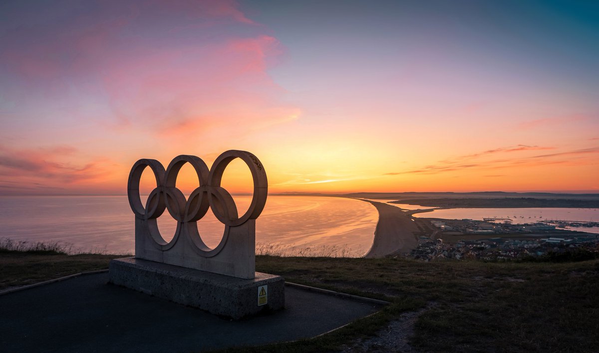Olympic Rings on Portland overlooking Chesil Beach.