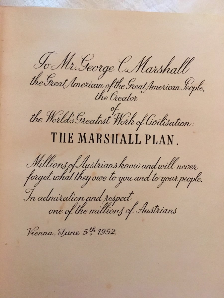 AustriainUSA's tweet photo. This is the handwritten #bookdedication in the "The Book of Austria" (1948, ed. Ernst Marboe), found in the library of the @TheMarshallHous in Leesburg, Virginia.

#Marshall70 https://t.co/rB0X16PiTl