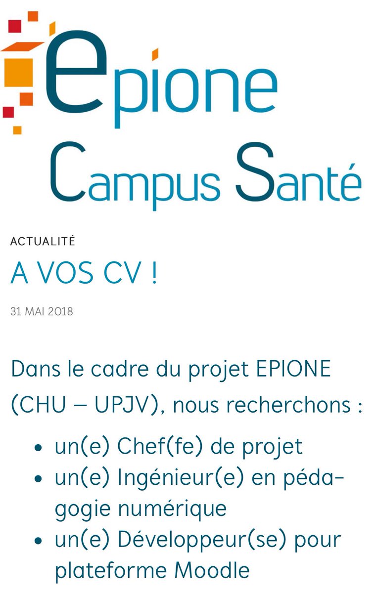 A vos CV ! Dans le cadre du développement de #EPIONE campus santé, nous recrutons un chef de projet, un ingénieur pédago numérique et un développeur. + d’info ➡️ simusante.com/a-vos-cv/ #alertjob #Amiens #santé #hautsdefrance #formation #numérique