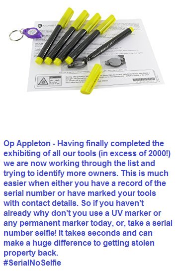 TVP_Bucks's tweet photo. Operation Appleton - Crime Prevention/Property Marking
#OpAppleton
#MarkYourMerch
#UVistheway
#SerialNoSelfie https://t.co/nPjFf2Q6kR