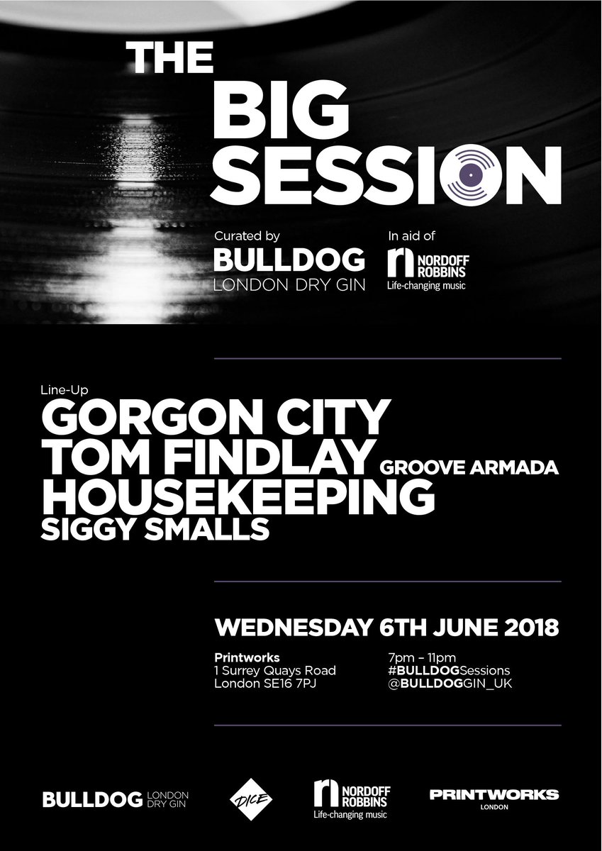 GrooveArmada's tweet image. Tom's playing at @PrintworksLDN for The BIG Session curated by @BULLDOGGIN &amp;amp;  in aid of @NordoffRobbins1 on Wednesday 6th June! Come say hello and support a good cause (and for Gin)!