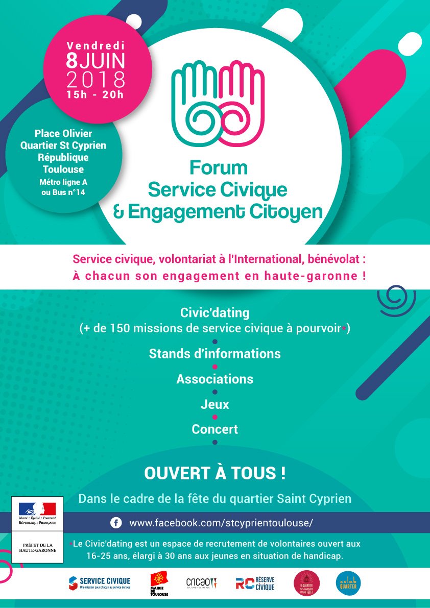 PrefetOccitanie's tweet photo. 📌Forum du #Service #Civique et de l'Engagement Citoyen, vendredi 8 juin 2018, 15h-20h, place Olivier à #Toulouse : à chacun son engagement en #HauteGaronne ! #DDCS31 ▶️https://t.co/9zMD3qznJS https://t.co/nhfN8HRKR6