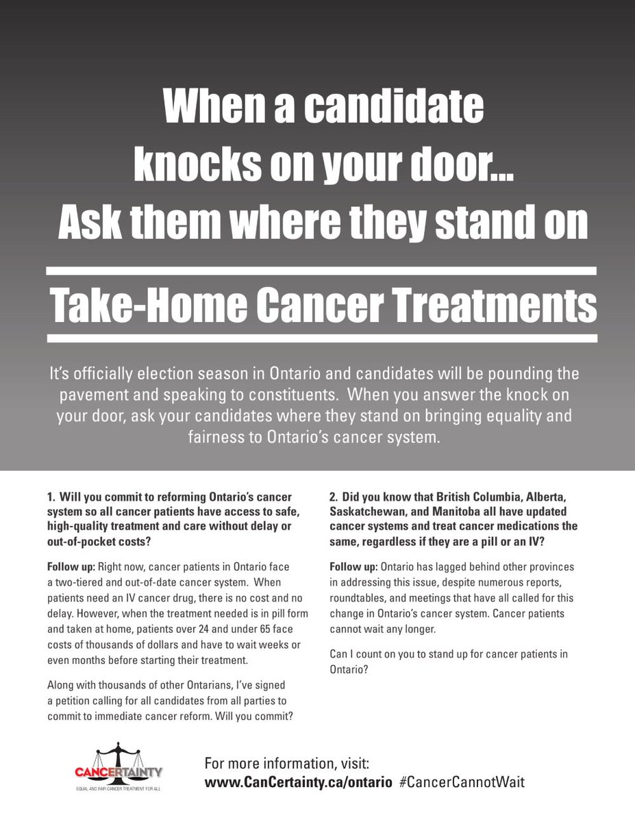 CanCertainty's tweet photo. We found that 74% of people in Ontario believe take-home cancer treatments should be paid for by the Ontario health care system. Ask candidates if they agree. https://t.co/2skn0ouujg #onpoli https://t.co/dwdFNJcX1v