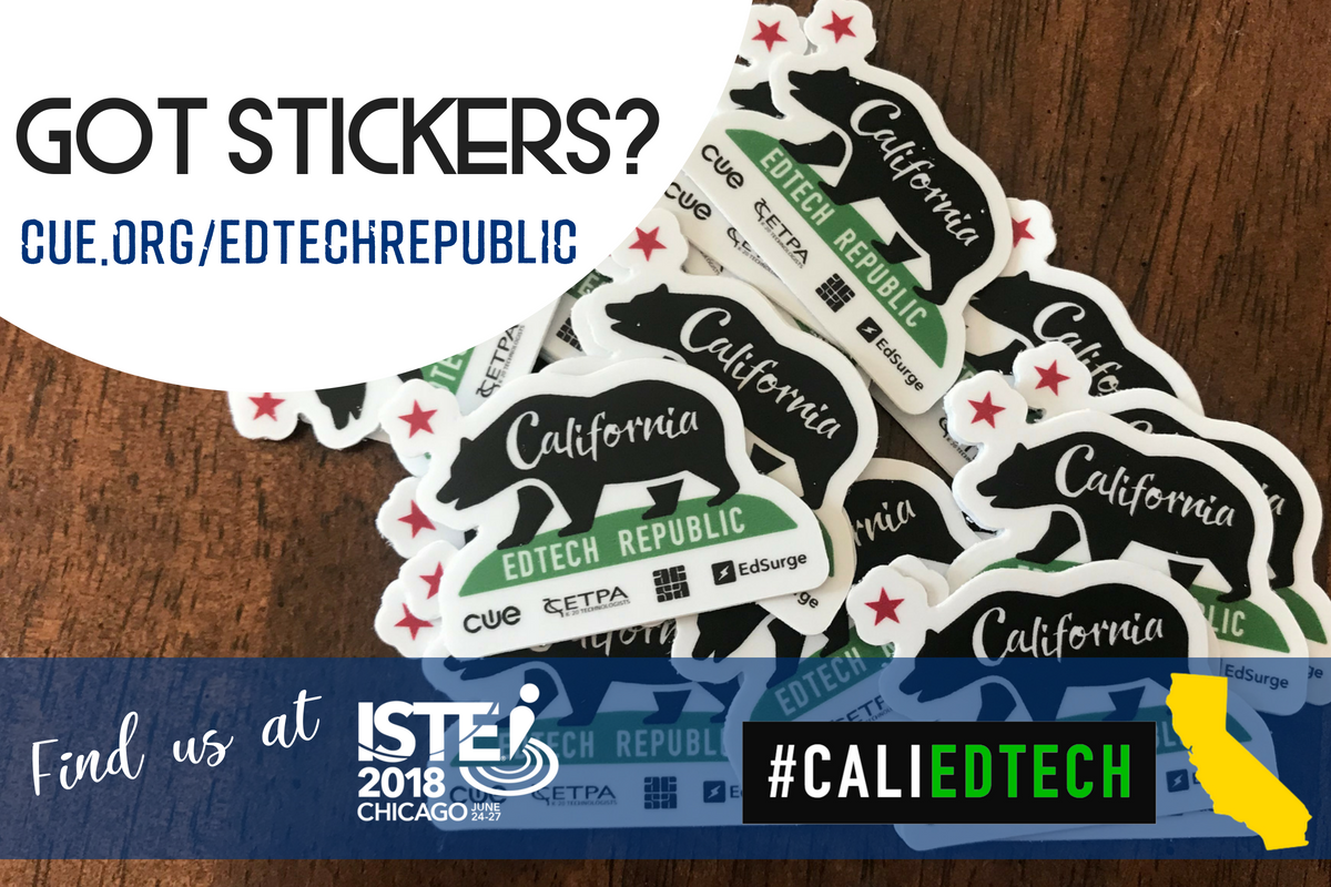 joincalie's tweet photo. Join the #CaliEdTech Republic at #ISTE18!! RSVP to our meet ups at https://t.co/JGxh4siAw7 #gotstickers #WeAreCUE #acsa #edsurge #cetpa @ACSA_info @CETPA @EdSurge @THE_Journal @iste https://t.co/9wbP38EYy0
