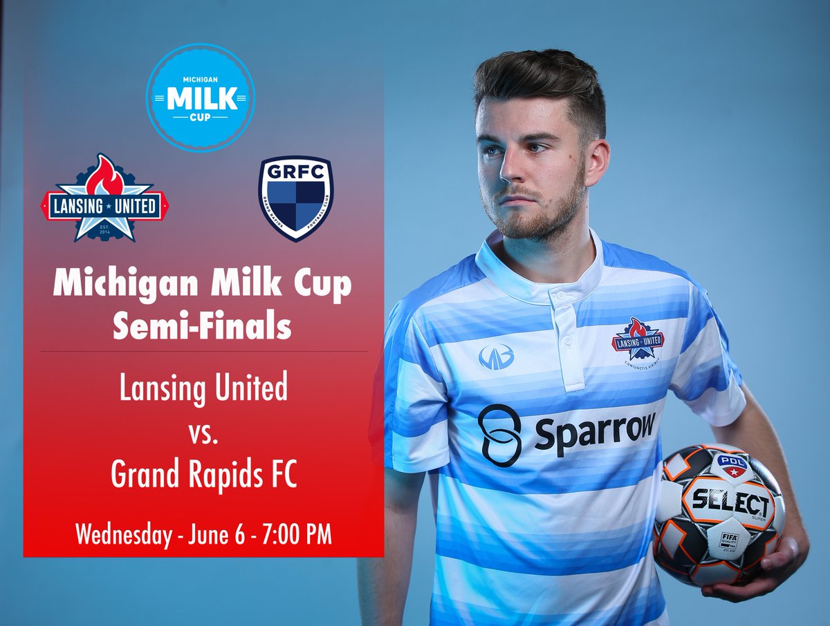 LansingUnited's tweet photo. Tomorrow we face @grandrapidsfc in the semifinals of the @michiganmilkcup.  Kickoff is 7 at the East Lansing Soccer Complex.  Purchase tickets here https://t.co/p5kdStYkYA @TheRansomSG @GrandArmyGR https://t.co/noADc3EePj