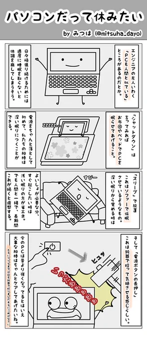 エンジニアの友人に教えてもらってめっちゃ反省した話。大事にしたい気持ちはすごくあるんだけど、今までブラック企業並みに睡眠不足に追い込んで何度も鈍器で殴ってきました。ほんとにごめん、私のMacBook。【４コマ】パソコン… 