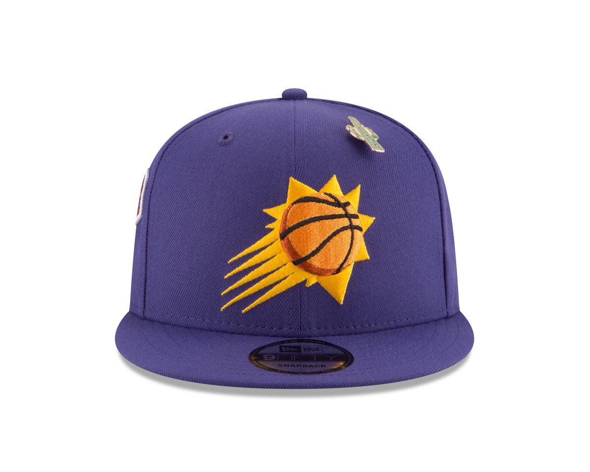 JeffEisenband's tweet photo. .@NewEraCap and the @NBA are trying to get creative with this year's @NBADraft caps. Feature patches with team's state or city flag, year franchise was established and alternate logo(s). Pin on front.

This @Suns cap is what the No. 1 pick will get. #NBADraft https://t.co/4T6OlhF5lo