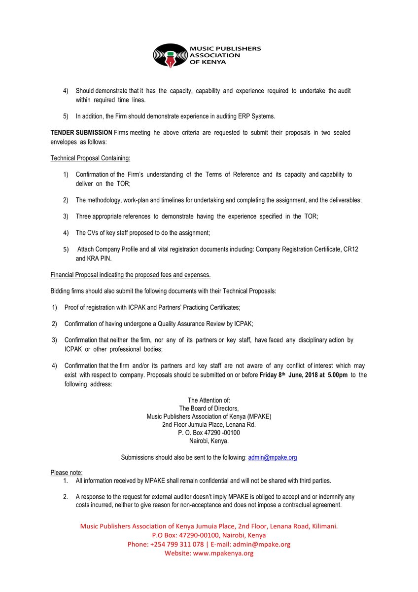 MPAKE is looking to formally engage a reputable audit firm to undertake its audit of the 2017 books of account They have extended the deadline to to this Friday 8th June 2018 All firms will have a fair chance to apply.  Kindly spread the word as widely as possible. Thank you