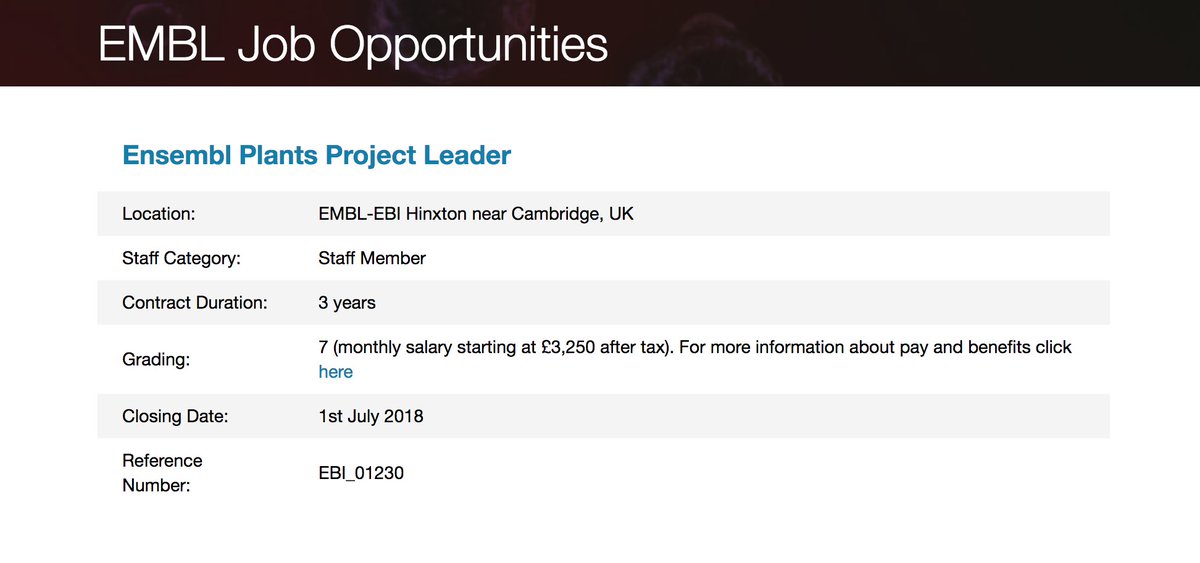 #ProjectLeader in the @ensembl Plants team: strategic and operational management of the team's public releases. #EMBLjobs #bioinformatics #plantresearch #genomicresearch #ensemblplants #linux embl.de/jobs/searchjob…