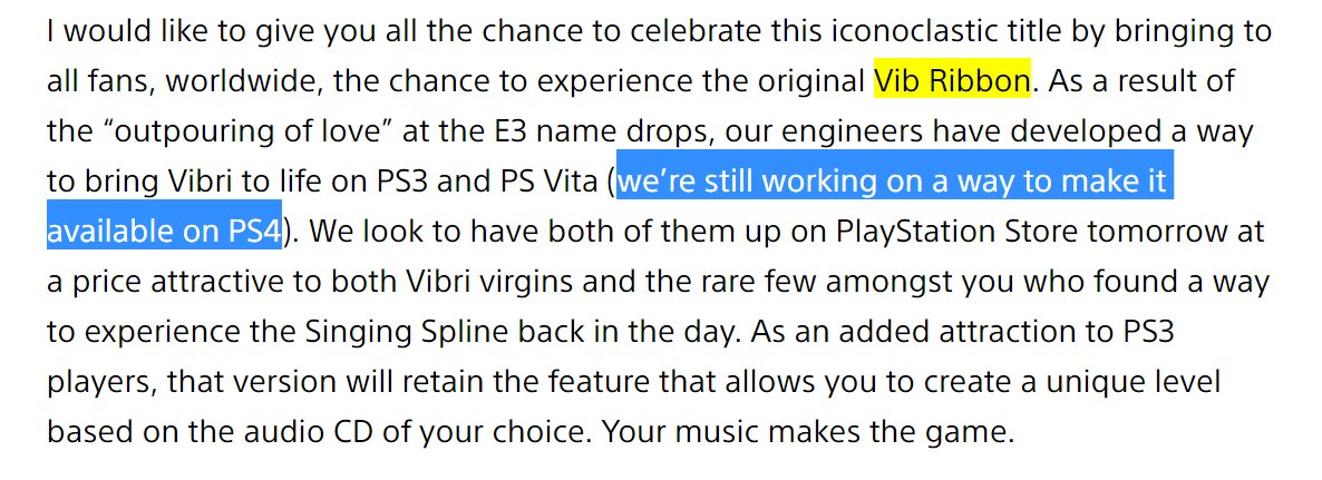Wario64 on X: Do you think Sony gave up on Vib Ribbon for PS4? (Blog post  from 2014)   / X