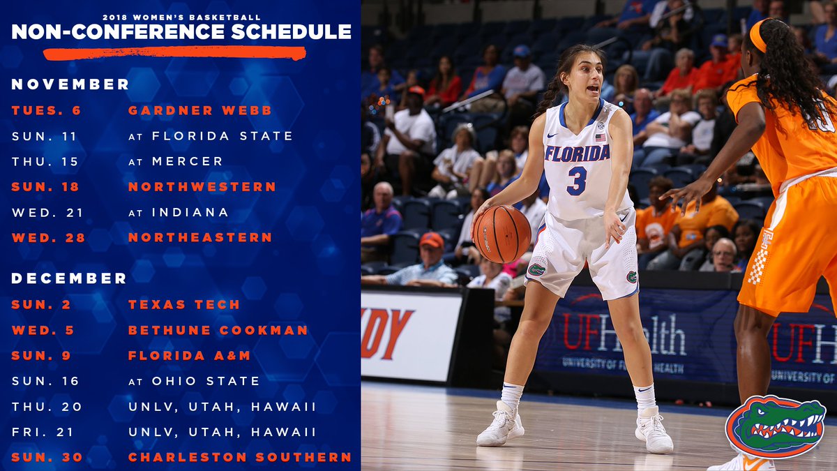 GatorsWBK's tweet photo. Our 2018-19 non-conference schedule is set! We also learned which SEC teams we'll play at home and on the road! 
Check it out! ➡️ https://t.co/JOBBIB9811
#GoGators https://t.co/BYR3YlMwY9