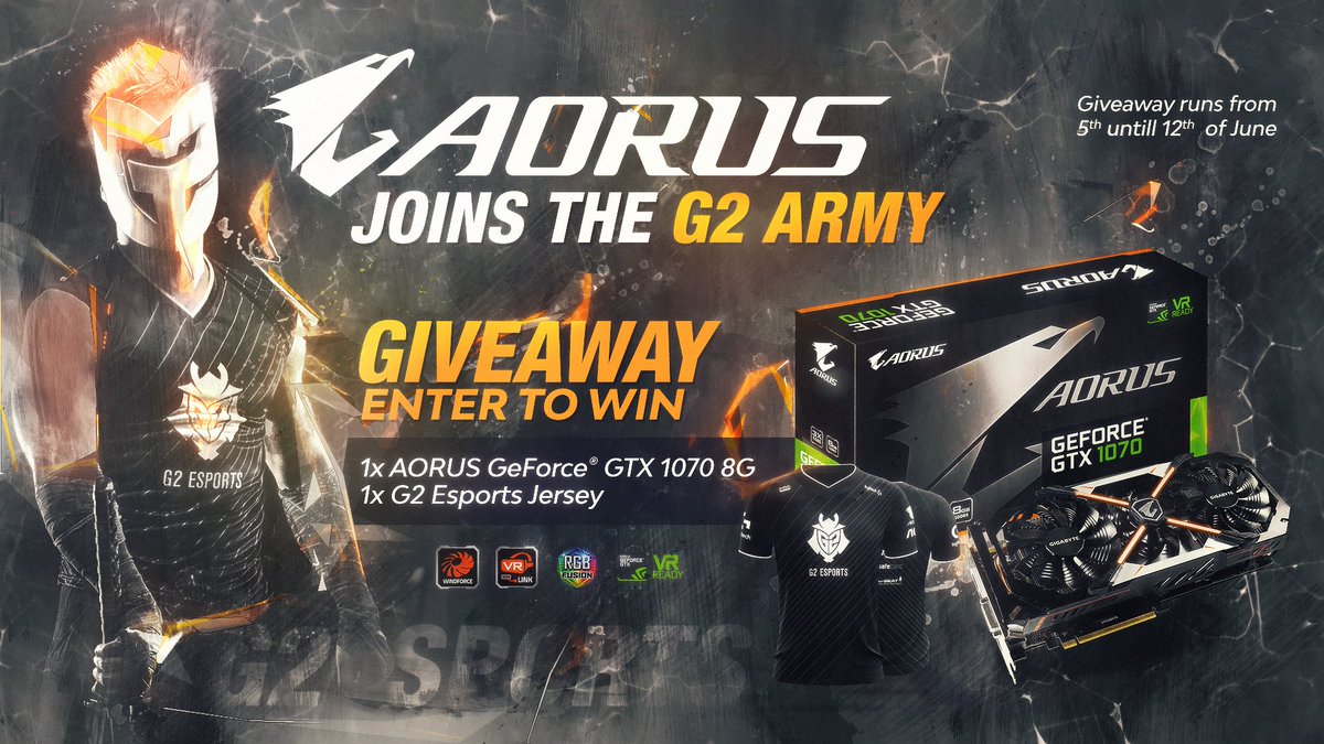 To celebrate our partnership with <a href="/AorusOfficial/">AORUS</a>, we're giving away an <a href="/NVIDIAGeForce/">NVIDIA GeForce</a> GTX 1070 Graphics Card! More info👇🏼

📲 ENTER » gleam.io/mEMtv/g2-espor…