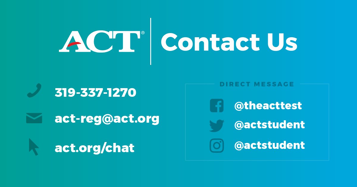 ACTStudent's tweet photo. Here are a few ways you can reach us if you have any questions about taking the ACT this weekend! https://t.co/1C5FInd5cm