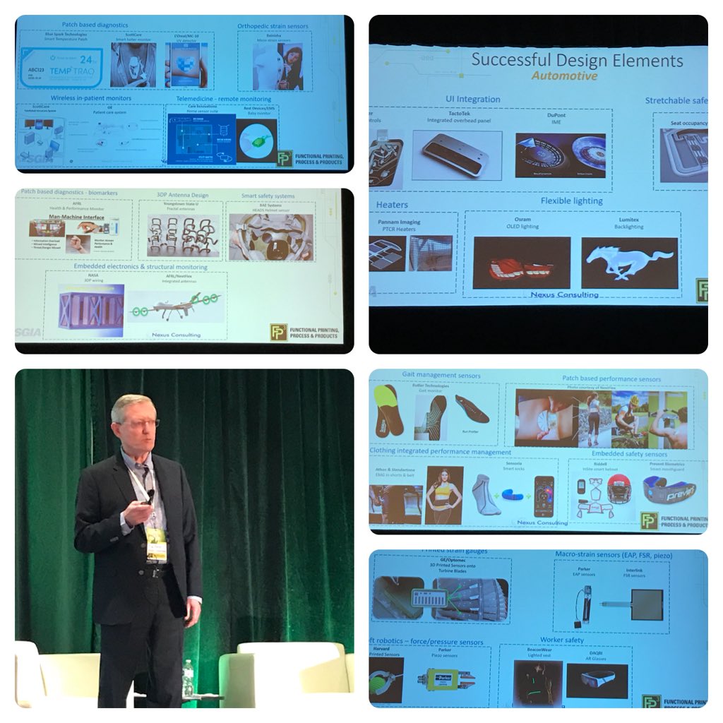 PIConnects's tweet image. Tom Fahey with Nexus Consulting at #FP3Conf points out the many industries where printed electronics are popping up. #designfreedom in additive manufacturing. Healthcare, sports &amp;amp; fitness, industrial, automotive and aerospace/military.