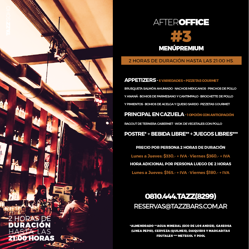 tazz_soho's tweet photo. Si la oficina no te da descanso, te esperamos a la salida!
Opciones #AfterOffice en TAZZ Soho! 
Escribinos a reservas@tazzbars.com.ar! https://t.co/gkSNv1KRnY