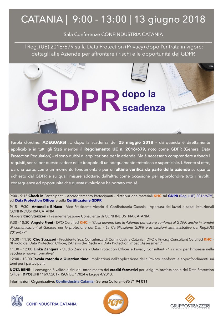 AngeloIngFreni's tweet photo. il 13 giugno, incontreremo gli Industriali e gli Imprenditori Catanesi in #ConfindustriaCatania per parlare di #GDPR dopo la scadenza, di #DPO , di #CertificazioneGDPR e dei requisiti del #Reg679 . Vi aspetto in Casa CONFINDUSTRIA. https://t.co/x0gngf9Kkz