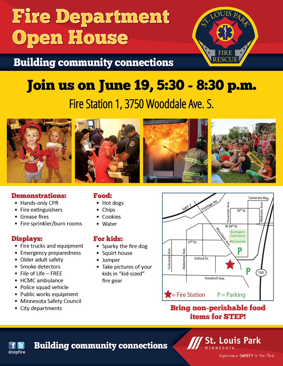 slpfire's tweet photo. Mark your calendars! The Fire Department Open House is June 19 β join us at Fire Station 1, 3750 Wooddale Ave. S., from 5:30 β 8:30 p.m. and learn about the ultimate home fire protection. Event details: https://t.co/WxANjyIilV #HomeFireSprinklers
#FireOpenHouse
#SLPFireOpenHouse https://t.co/1nlUKtH0SL