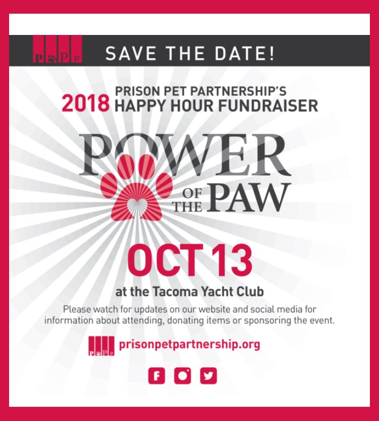 PrisonPetWA's tweet photo. Save The Date!  October 13, 2018 for our #PowerOfThePaw #fundraiser 

#savethedate #fundraiser #prisonprogram #dogrescue #servicedog #funtimes https://t.co/D0sNqpoLPN
