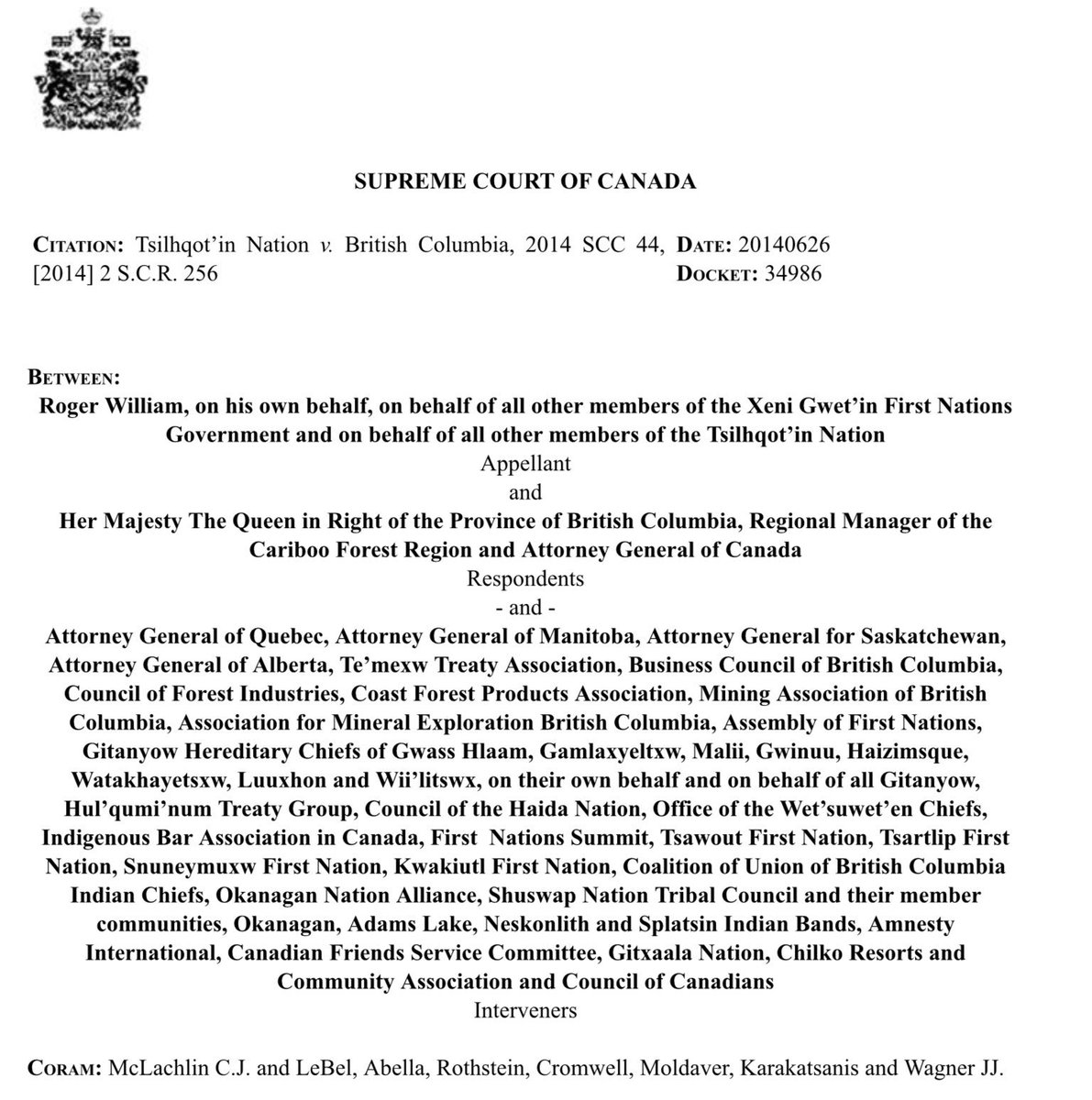 But quite a lot more important than my opinion, informed tho it may be?The Supreme Court of Canada’s opinionThe jurists who heard Tsilhqot’in Nation v British Columbia (2014 SCC 44) found that the doctrine of terra nullius NEVER APPLIED IN CANADA. 5/