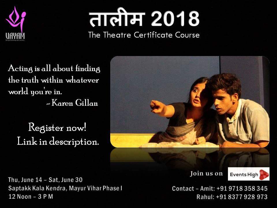 WeAreVayam's tweet photo. Join our June batch for Taaleem 2018. Links below:

EventsHigh: https://t.co/GNHJvpSR4Z
or BookMyShow: https://t.co/QbeLIrGknd

Thu, June 14 - Sat, June 30
12 Noon - 3 PM
Saptakk Kala Kendra, Mayur Vihar Phase 1

#likeforfolow #theatre #artist #workshop #course #taaleemagain https://t.co/PReleedQG2