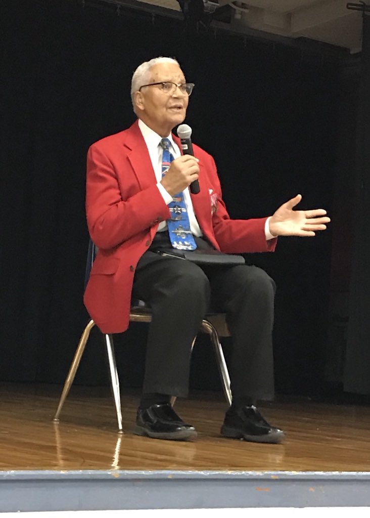 LongfellowFCPS's tweet photo. Very fortunate to welcome Col. Charles E McGee (Tuskegee Airman and Air Force Fighter Combat Record holder) to speak to our students today! https://t.co/3RtWdzwob6