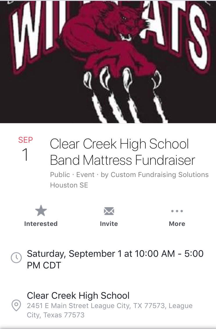 CCWildcatBand's tweet photo. Hey WildCat Family! Looking to buy a new mattess? Here is a great opportunity to support the Clear Creek Marching Band and your back! (Sorry for the pun) #WCLTS #notsorryforthepun https://t.co/28Ef1vqq4B