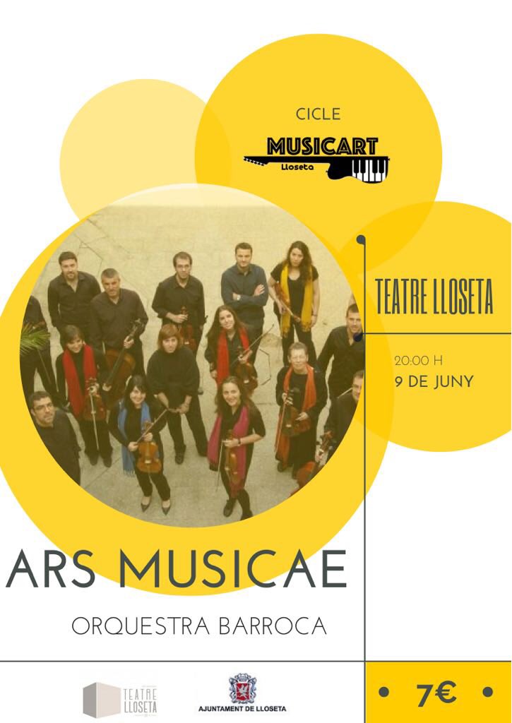 Recorda! Dissabte 9 de juny serà el darrer concert del Cicle Musicart Lloseta amb Ars Musicae! T’ho perdràs? Nosaltres no! <a href="/AjLloseta/">Ajuntament Lloseta</a> <a href="/llosetatur/">Lloseta</a> <a href="/Cultura_DM/">Cultura de Diario de Mallorca</a> <a href="/DivierteteConUH/">OcioEnMallorca</a> <a href="/TeatreLloseta/">Teatre Lloseta</a> <a href="/ArtsMallorca/">ArtsMallorca</a> <a href="/culturamallorca/">CulturaMallorca</a> <a href="/Youthing_es/">Youthing</a>
