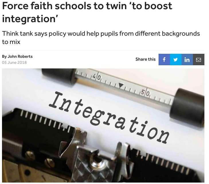 britishfuture's tweet photo. Our proposal, to insist that faith schools 'twin' with other schools to promote contact and boost integration, covered in this @tes report https://t.co/xI35JiBr9M #LocalIntegration #education #TuesdayThought https://t.co/u4AANOddGm