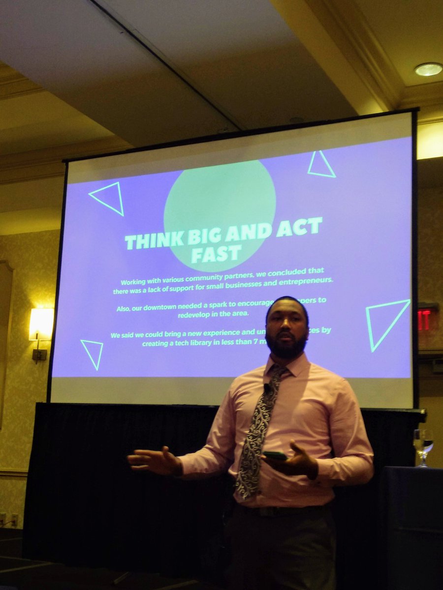 brian_moynihan's tweet photo. Nick Grove of @MeridianLibrary (one of @LibraryJournal's Movers and Shakers) presents on unBound, a technology, maker, and design space for the community, for business, and for kids. @neorls #ETS2018 https://t.co/si4TcpE02I