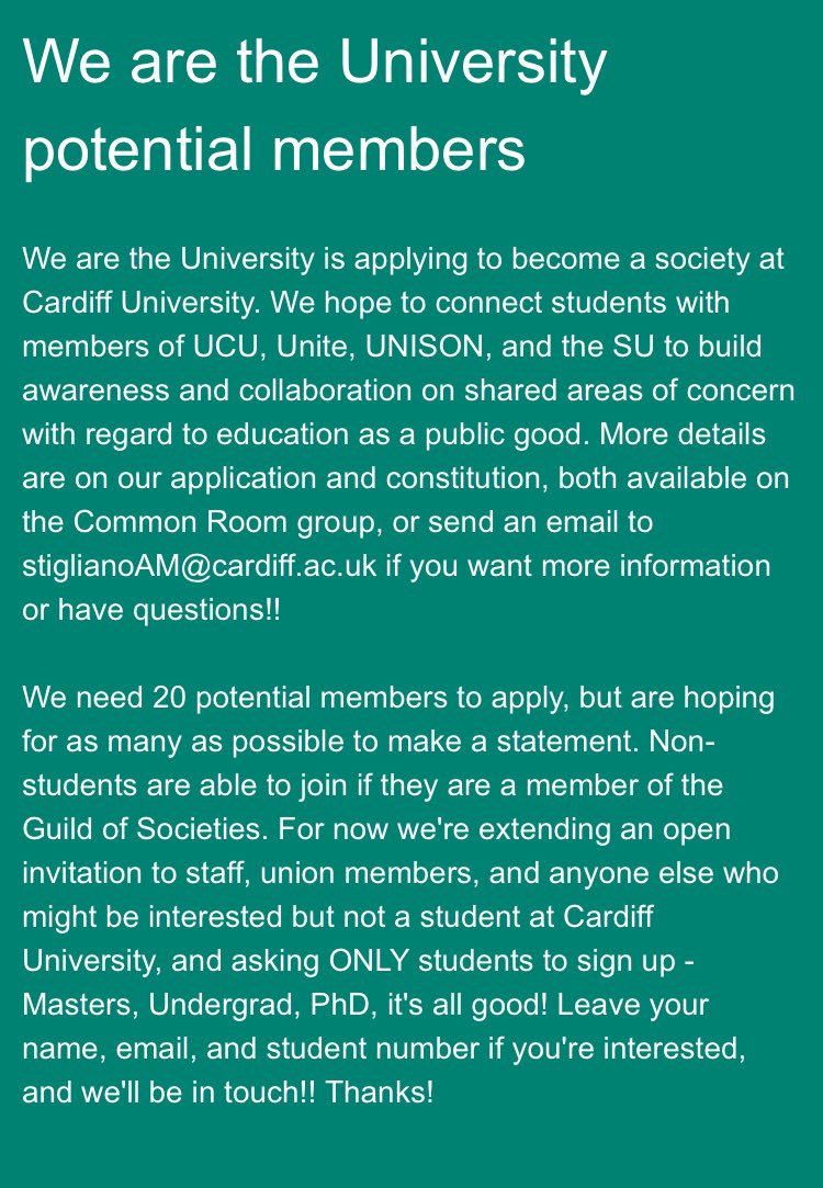 Any students want to be involved with a new <a href="/cardiffstudents/">Cardiff Students' Union</a> society looking to campaign with <a href="/CardiffUCU/">Cardiff UCU✊🌱</a>, <a href="/UNISONCdiffUni/">UNISON Cardiff Uni</a>, &amp; <a href="/UniteWales/">UniteWales</a>’ <a href="/cardiffuni/">Cardiff University</a> branch?
Contact <a href="/strikehub_/">We Are Cardiff University</a> or express an interest here: forms.office.com/Pages/Response…
#WeAreTheUniversity