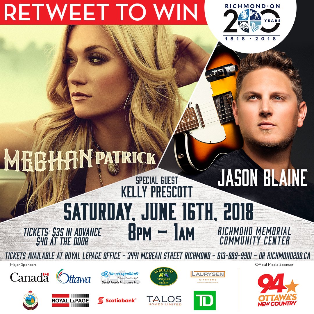 PureCountry94's tweet photo. RETWEET + FOLLOW for your chance to win a pair of tickets to the Richmond 200 Celebration with @MegPatrickMusic and @jasonblaine! https://t.co/vl8WoUS8lV