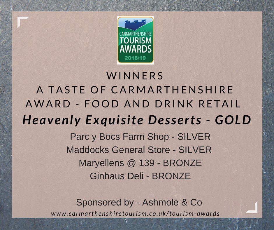 A Taste of Carmarthenshire - Food and Drink Retail/ Blas Sir Gâr - Manwerthwr Bwyd a Diod

<a href="/HeavenlyChocEmp/">Heavenly</a> - GOLD

<a href="/BurnsFarmShop/">Parc Y Bocs</a> - SILVER
Maddocks General Store - SILVER
<a href="/ginhausdeli/">Ginhaus Deli</a> - BRONZE
Maryellens139 - BRONZE

Sponsored by - <a href="/Ashmoleandco/">Ashmole and Co</a>

#CarmsTourismAwards