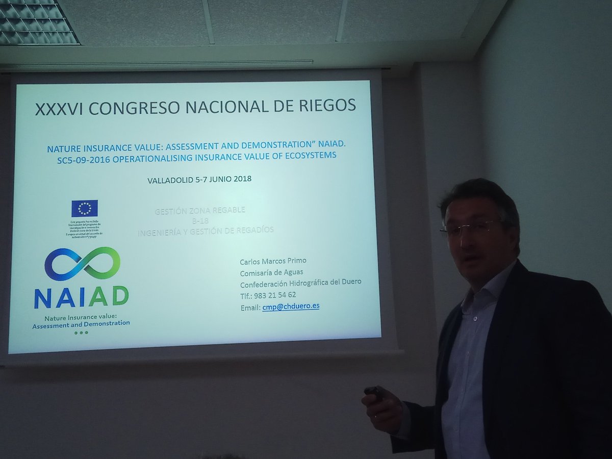 RaquelByR's tweet photo. Carlos Marcos Primo of @chd_duero presents the European projects @NAIAD2020 of @EU_H2020 about Nature Insurance Value:Assessment and Demonstration and LIFE-IP RBMP-DUERO in #Congreso_Riegos. Very interesting for resilient and sustainable #irrigation in Medina del Campo Aquifer https://t.co/uEvy0x5Psg