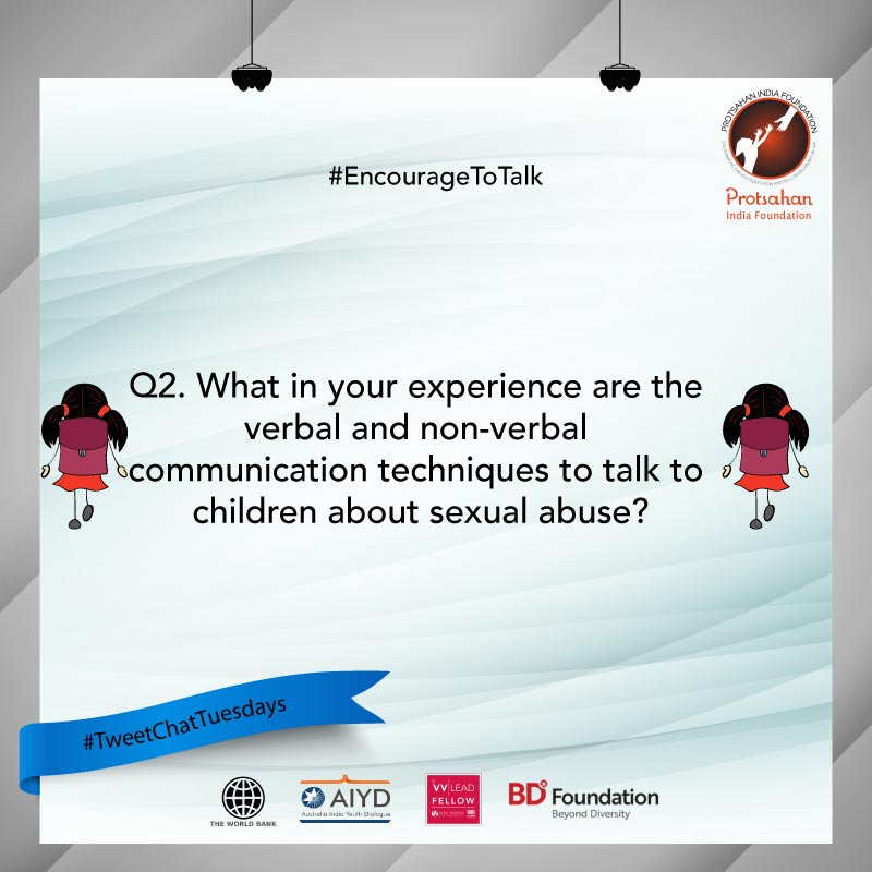 NGOProtsahan's tweet image. Next question @ArtForCause 
Q2. What in your experience are the verbal and non-verbal communication techniques to talk to children about sexual abuse? #EncourageToTalk #CSA
@thebetterindia @NCPOC_In @MinistryWCD @NCPCR_ @scroll_in @YouthKiAwaaz