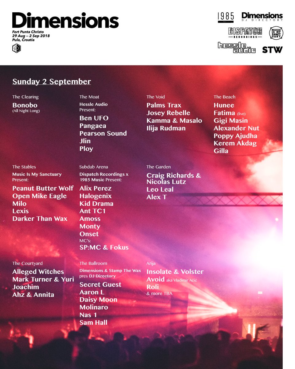 Final Sunday sessions revealed w/ <a href="/hessleaudio/">Hessle Audio</a> <a href="/stampthewax/">Stamp The Wax</a> <a href="/MIMSanctuary/">Music Is My Sanctuary</a> <a href="/1985Music1985/">[ 1 9 8 5 MUSIC ]</a> @dispatchrecs!

Sets from: <a href="/si_bonobo/">Bonobo</a> <a href="/BenUFO/">Ben UFO</a> @pangaeauk <a href="/pearsonsound/">Pearson Sound</a> <a href="/Jlin_P/">Jlin the Innovator aka The Drum Doctor</a> <a href="/QUEENFATIMA/">FATIMA RULLGARDINA VÅFFELDOTTER LÅNGSTRUMP</a> <a href="/gigimasin/">Gigi Masin</a> <a href="/AlixPerez/">__Alix_Perez__</a> <a href="/darkerthanwax/">Darker Than Wax</a> @JoseyRebelle @PoppyAjudha <a href="/Halogenix/">Halogenix</a> <a href="/pbwolf/">Peanut Butter Wolf</a> &amp; more...